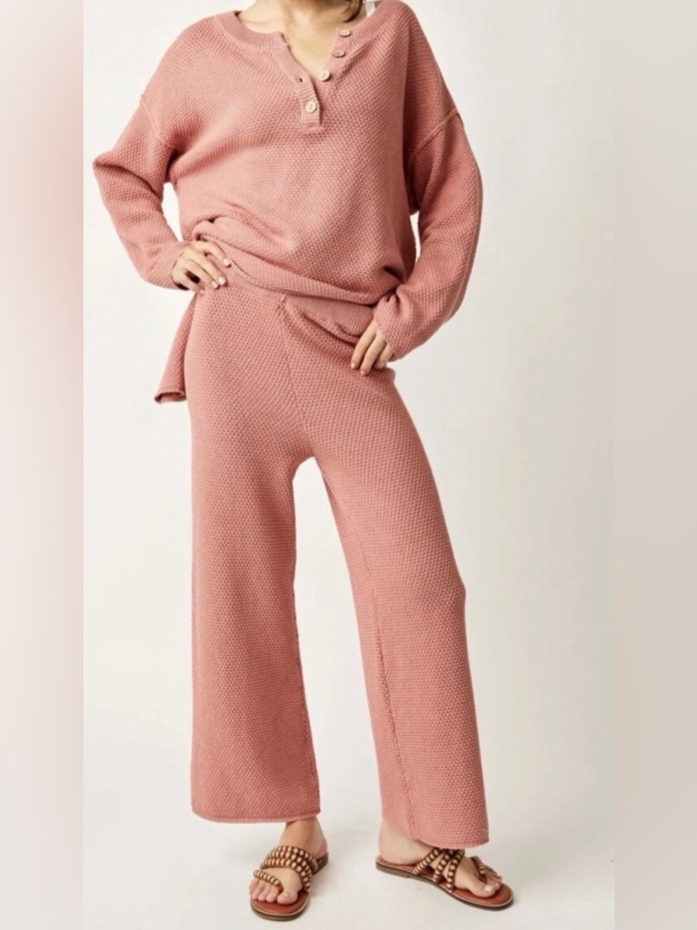 FREE PEOPLE Hailee Waffle Stitch Long Sleeve Top & Wide Leg Pants Knit Set NWOT